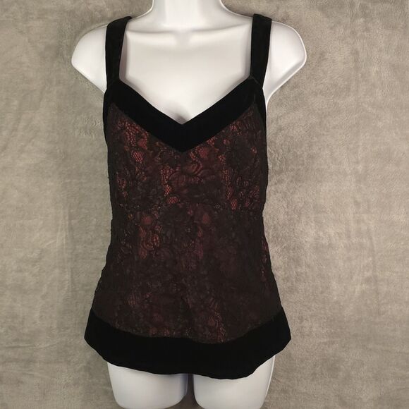 Vintage Zoey Lace Velvet Trim Cami Tank Top Black Red Vampire Gothic Y2K Size 14 - Picture 1 of 9